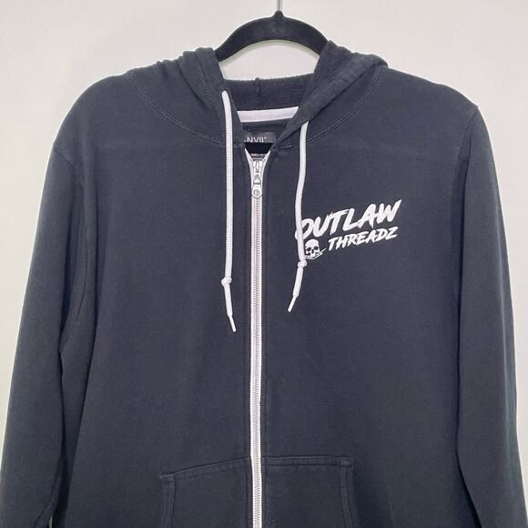 Anvil Outlaw Threadz Hoodie Full Zip Graphic Printed Kangaroo Pocket Black L - Picture 3 of 11